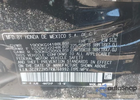 2024 Honda Hr-V Awd Sport/Awd Sport W/O Bsi из США, поврежденный, VIN 3CZRZ2H57RM768992